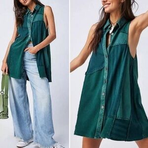 Free People size XS Green Santana Patch Denim 100% Cotton sleeveless mini dress